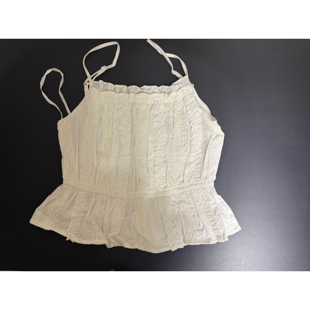 SIM & SAM Tank Womens S/P White Camisole Strappy Ruffle Elastic Waist Summer